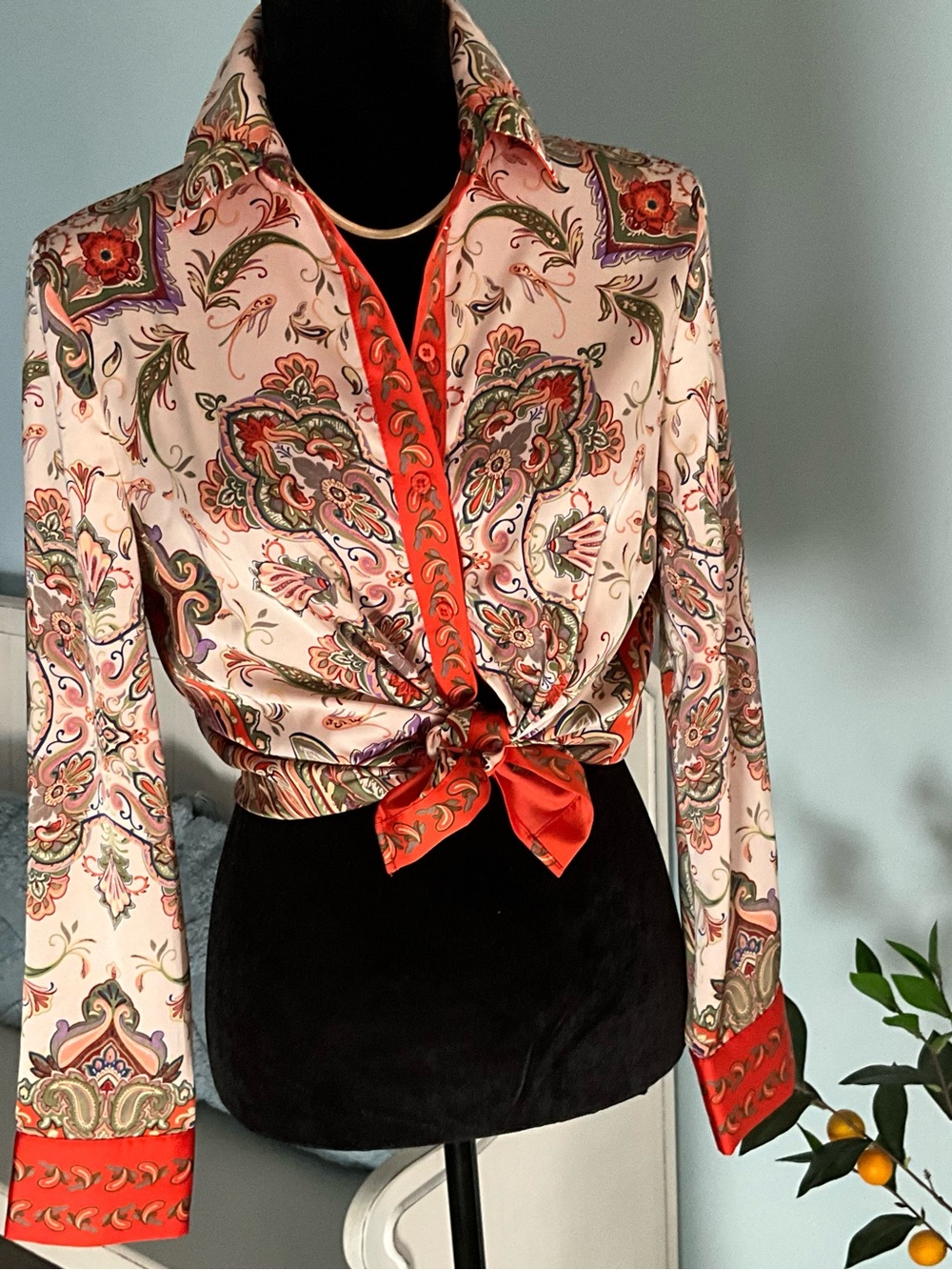 Oversized Gorgeous Rachel Zoe Vibrant Orange Paisley Button-Up Blouse XSmall